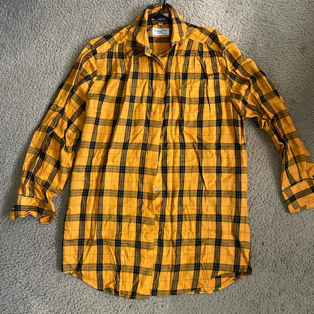 Vintage Christian Dior Chemise Women’s Yellow and Black Plaid Button-Up Shirt